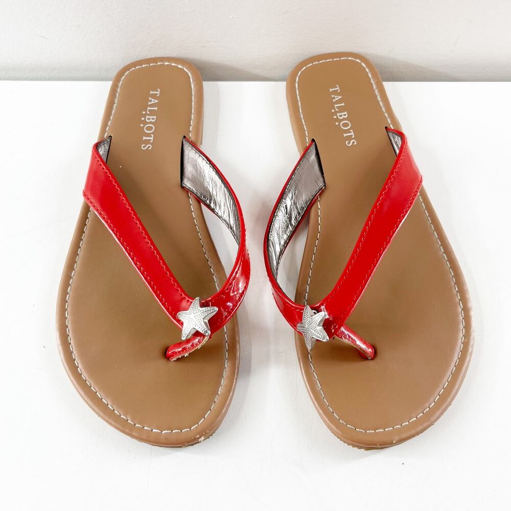 Talbots Patent Leather Silver Starfish Slip On Thong Flip Flop Sandals Red 8